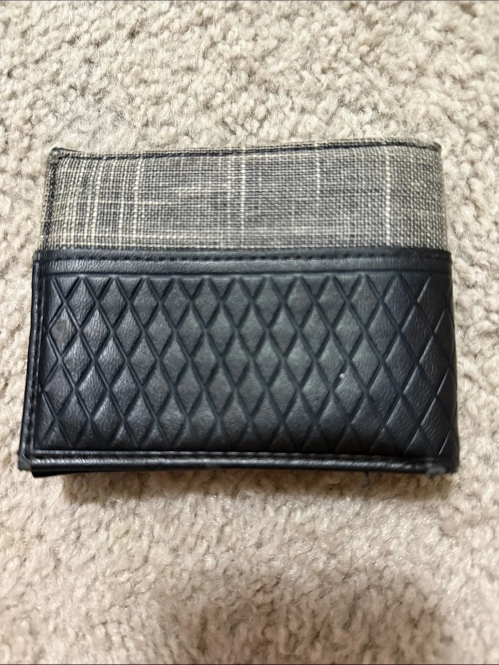 Men's Black and Gray Bifold Wallet with Brass Emblem